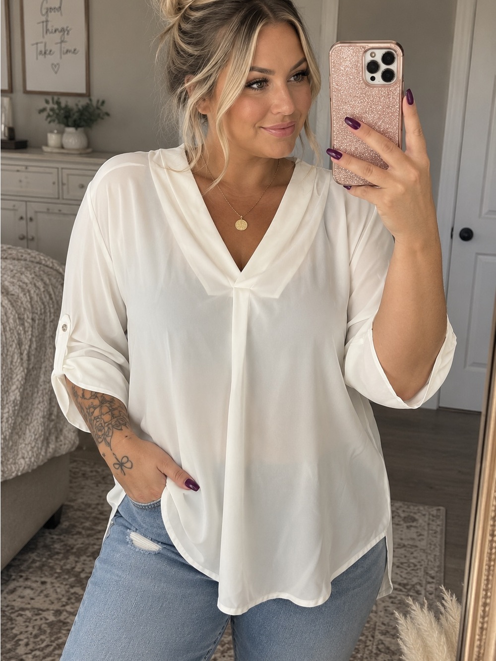 NWT Calvin Klein White Roll-Tab Sleeve Blouse Women’s XL